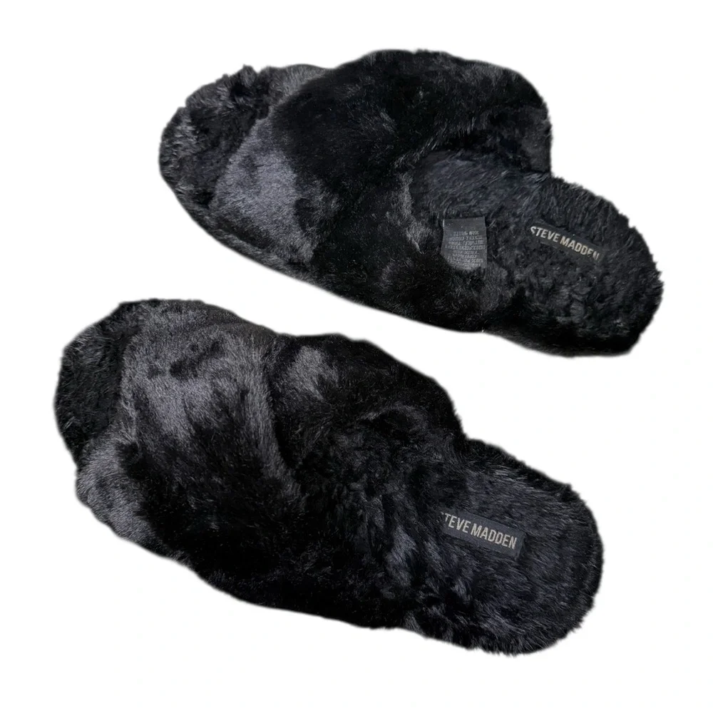 Steve Madden Women's Faux Fur Criss Cross Comfy Slippers Size Largest Black - Picture 5 of 7
